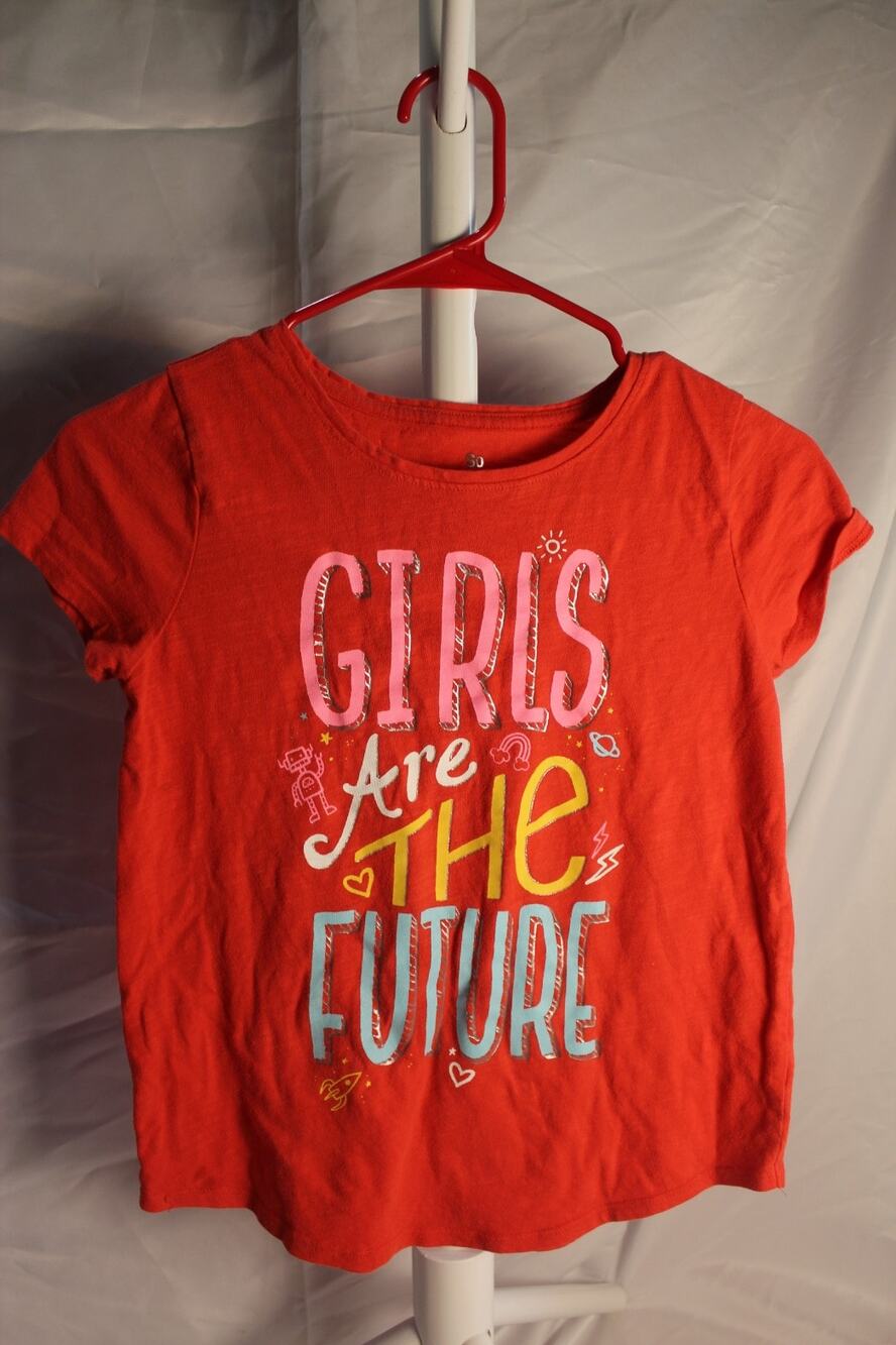 So Girls Size 10 Red "Girls Are The Future" Graphic T-Shirt Robot Rainbow Print